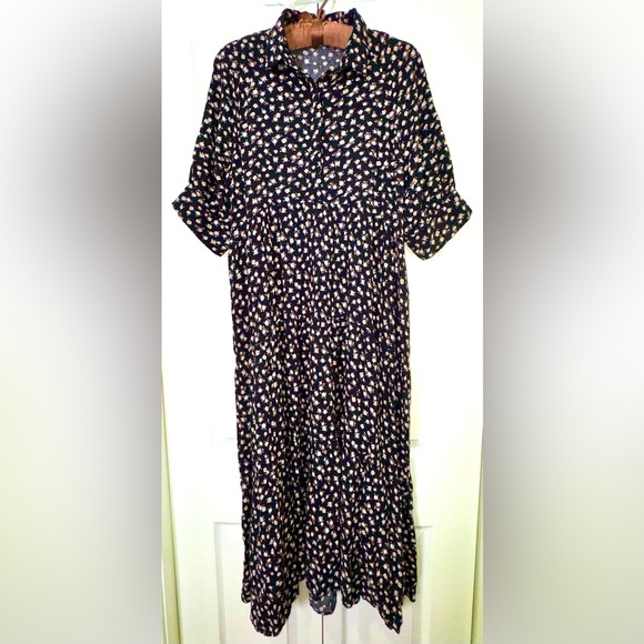 Natural Life Rebecca Midi Dress Black Cream Rose Floral Pockets Boho Sz Large - Picture 4 of 15